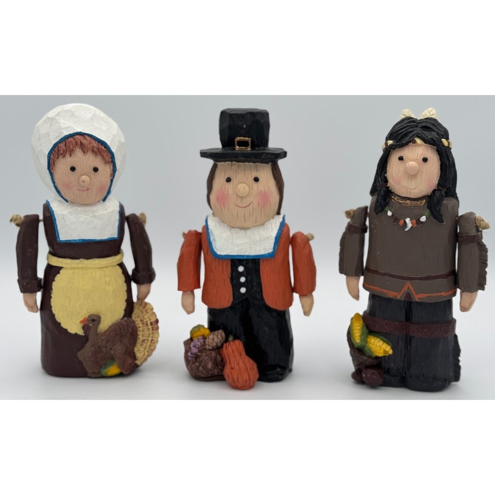 (3) Autumn Harvest Vintage Wood Carved Thanksgiving Figurines - No Original Box